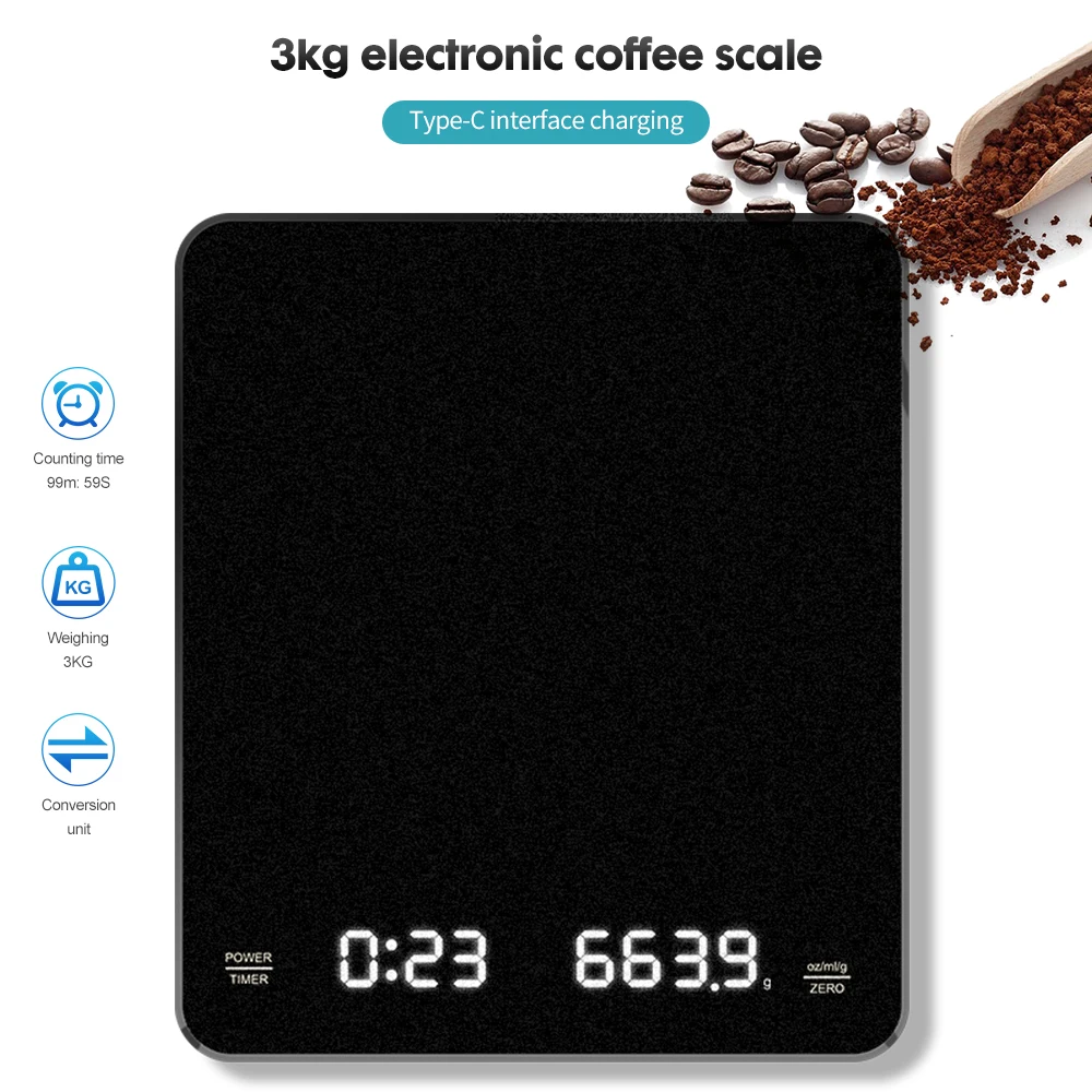 Electronic Coffee Scale Built-in battery Charging Smart Drip Coffee Scale 3kg 0.1g LED Auto Timer Pour Over Espresso