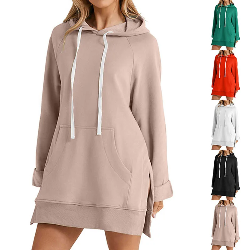 

2024 Autumn Hoodie Women's Casual Sweatshirt Coat Pattern Hooded Solid Color Slit Sweatshirts Long Sleeve Hoodie CYXX180