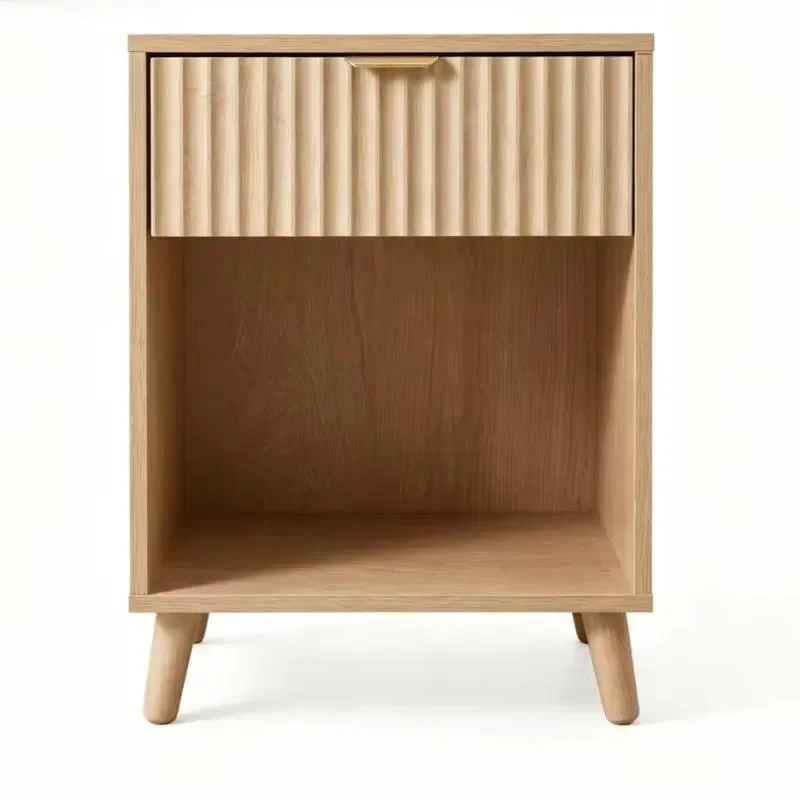 Simple Grooved Oak Bedside Table with Single Drawer and Open Storage for Small Bedroom Apartment