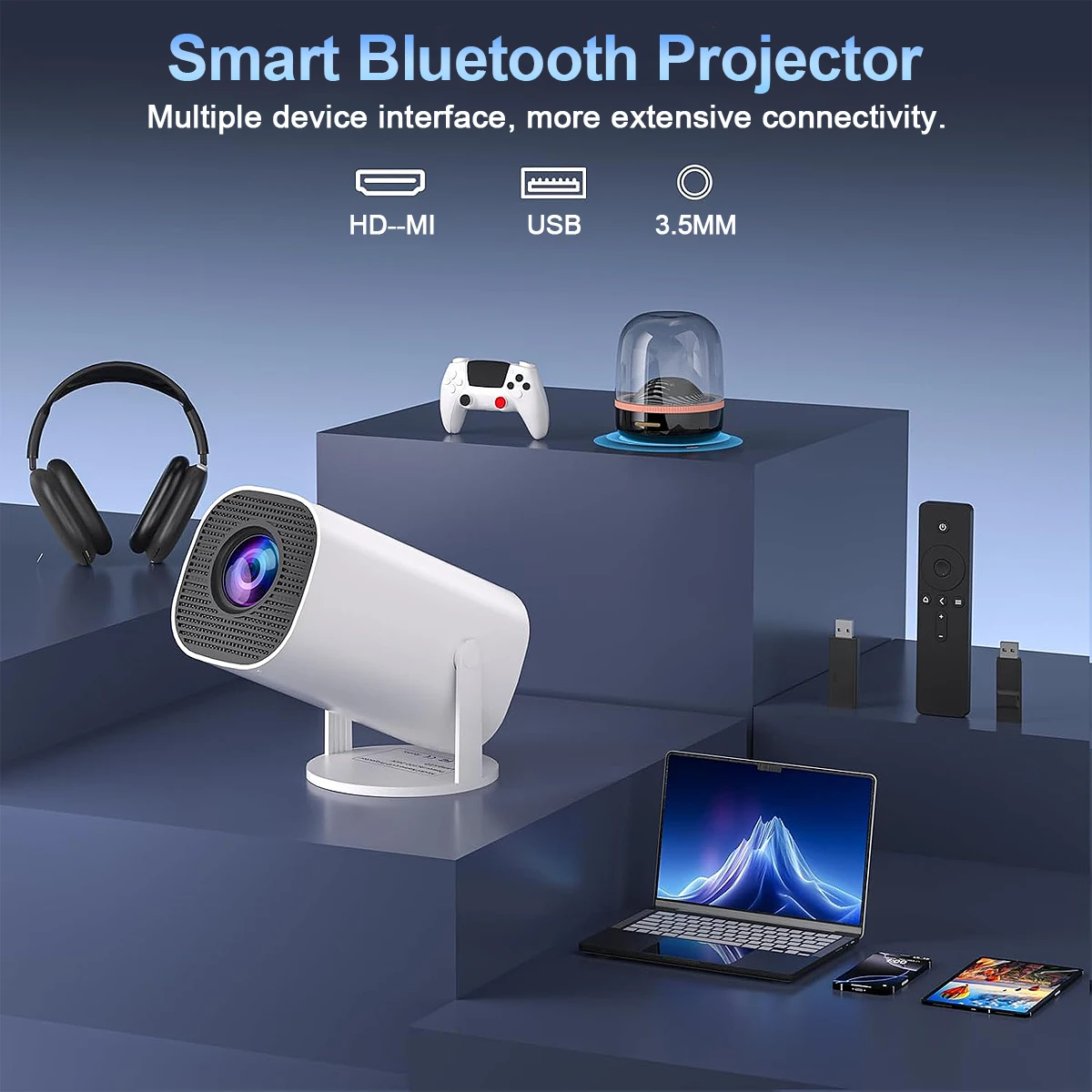 جهاز عرض صغير مزود بواي فاي وبلوتوث، ودعم 4K، ونظام أندرويد، ومحمول للمسرح المنزلي والأعمال التجارية والألعاب