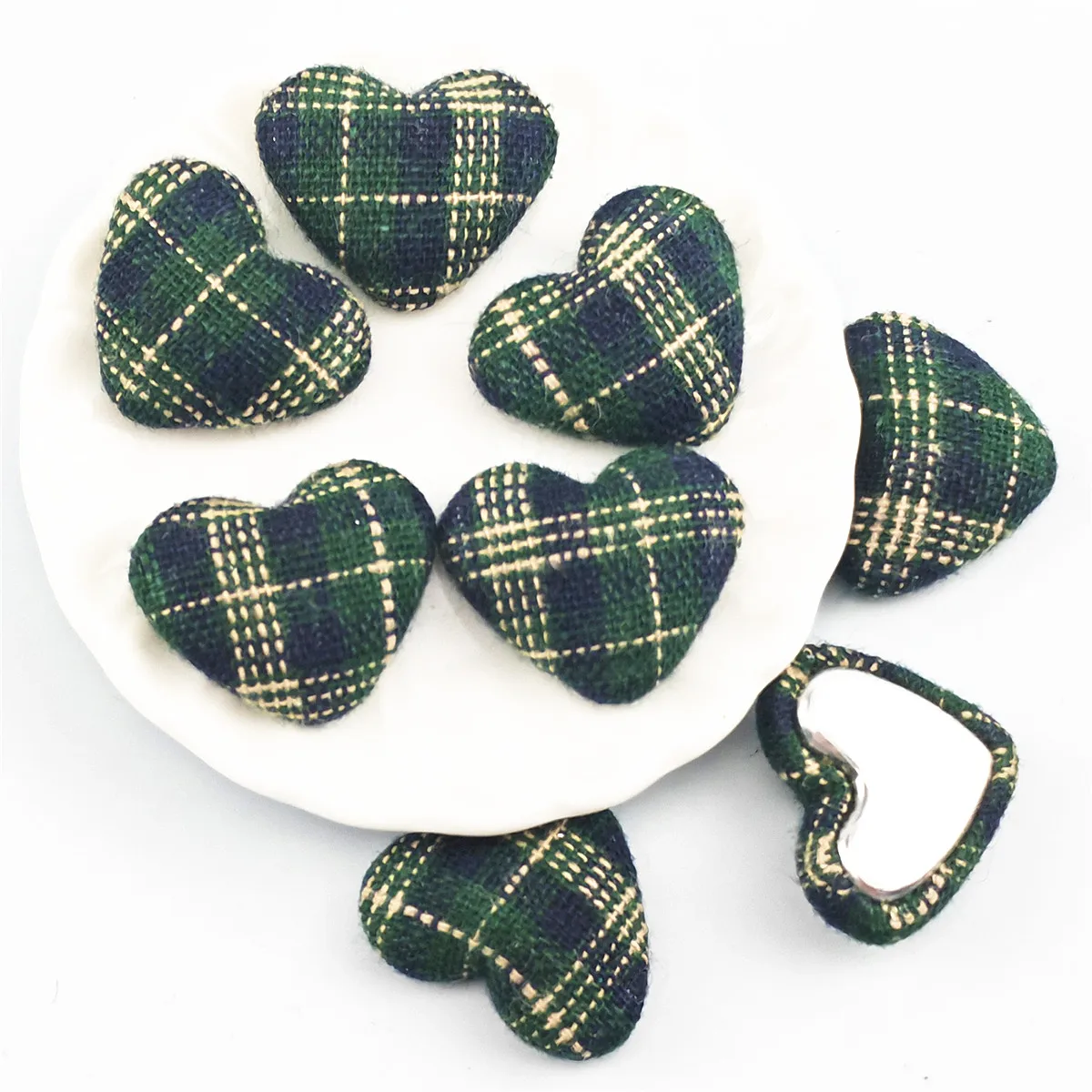 30pcs Plaid Fabric Covered Heart/Square Flat back Button DIY Home Garden Crafts Cabochon garment accessories