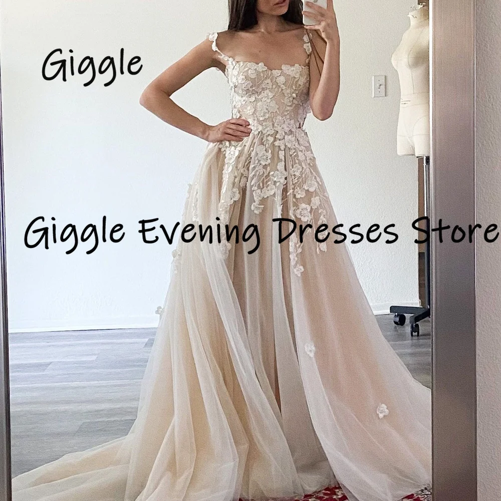 Giggle Chic Sweetheart Lace Appliques Spaghetti Straps Tulle Wedding Dress Floor-length Zipper Back Evening Party Dresses