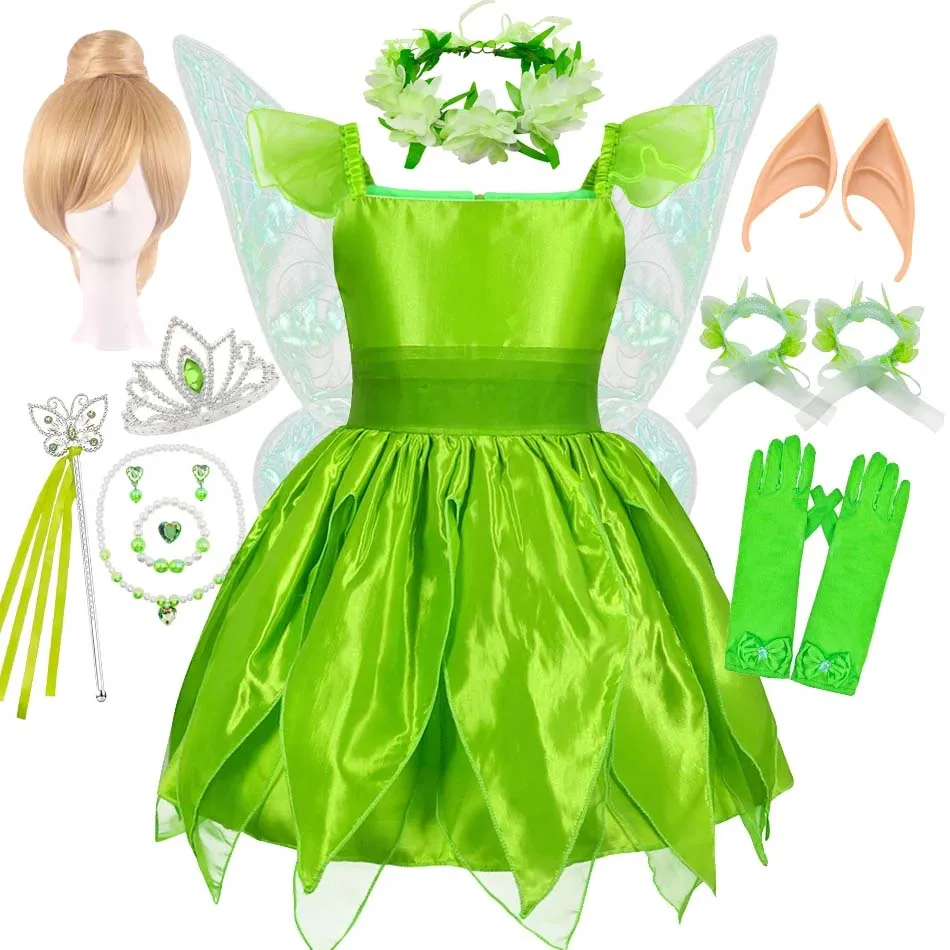 Baby Girls Tinker Bell Princess Fairy Dress Kid Green Leaf Costume Cosplay With Wings Headband Toddler Fancy Birthday Party Gown