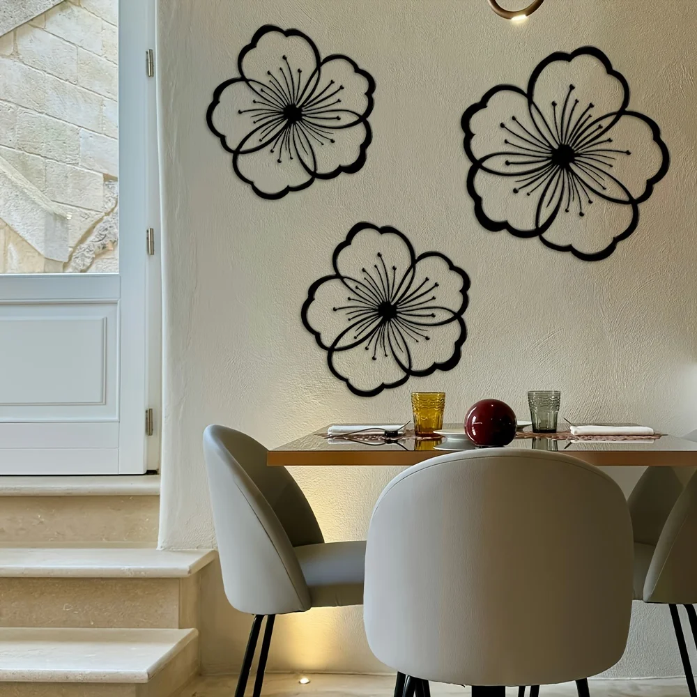 3 piezas, decoración de pared de metal personalizada, arte de pared de metal, decoración de pared de metal negro con diseño de flor, decoración de hogar con silueta negra