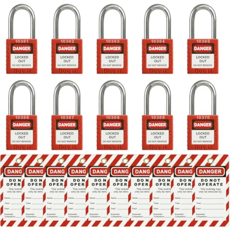 

Lockout Tagout Locks Set - 10 Lockout Locks Keyed Different, 2 Keys Per Lock, with 10 Tags, for Stations and Devices, R1001T