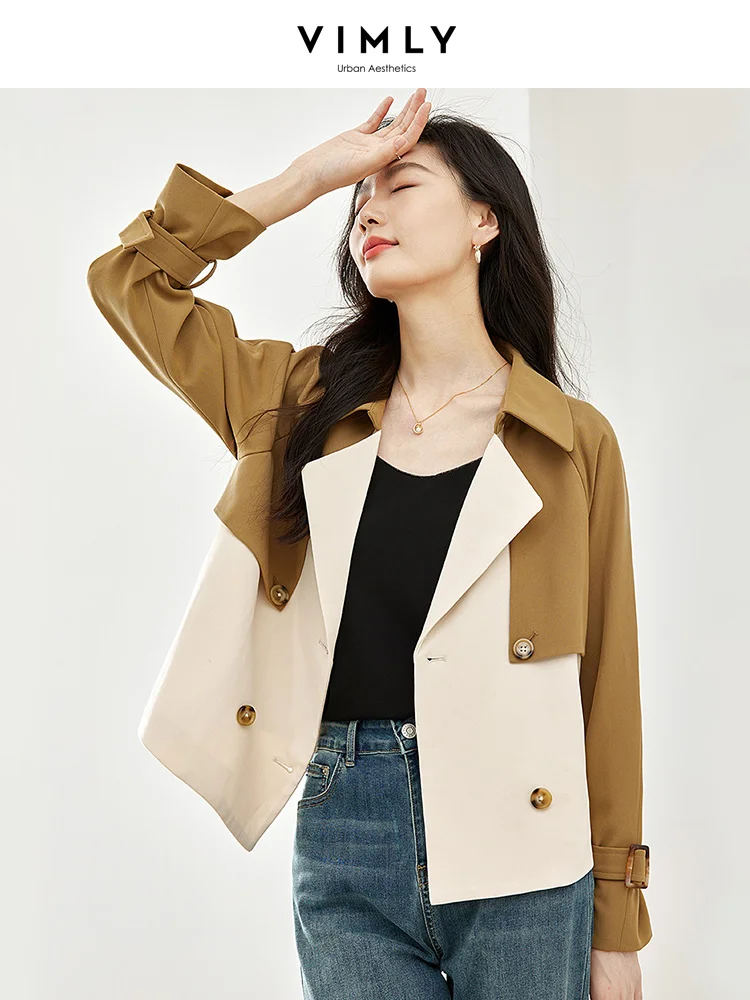 

Vimly Patchwork Contrast Trench Coat for Women 2023 Autumn New in Outerwear Notched Loose Belted Long Sleeve Short Jackets M2801