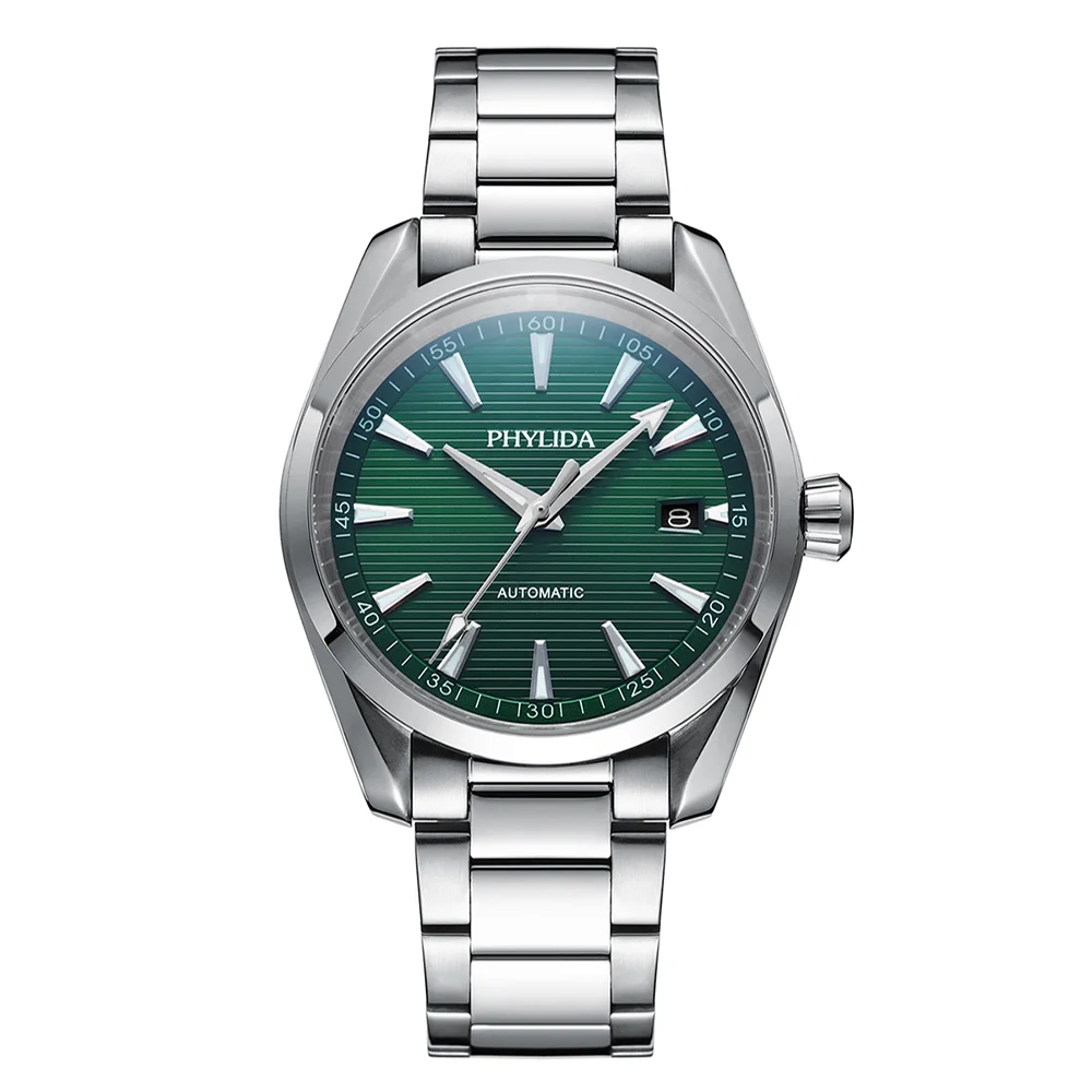 

PHYLIDA Automatic Watch Green Dial Miyota Mechanical Wristwatch Solid SS Sapphire Crystal Aqua 100m WR