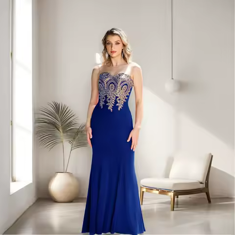 MisShow Elegant Mermaid Prom Dresses Illusion O-Neck Sleeveless Backless Evening Dress Appliques Sweetheart Collar Trumpet Gowns