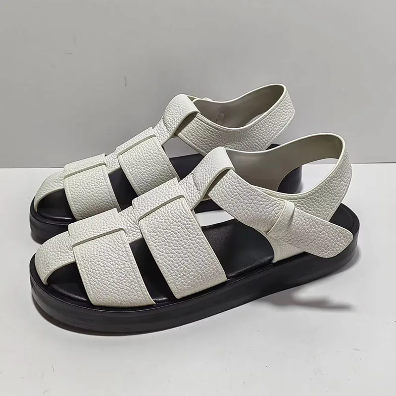 

New Genuine Leather Roman Sandals For Women Round Toe Hollow Outs Comfort Flat Shoes Women Daily Casual Sandalias Woman