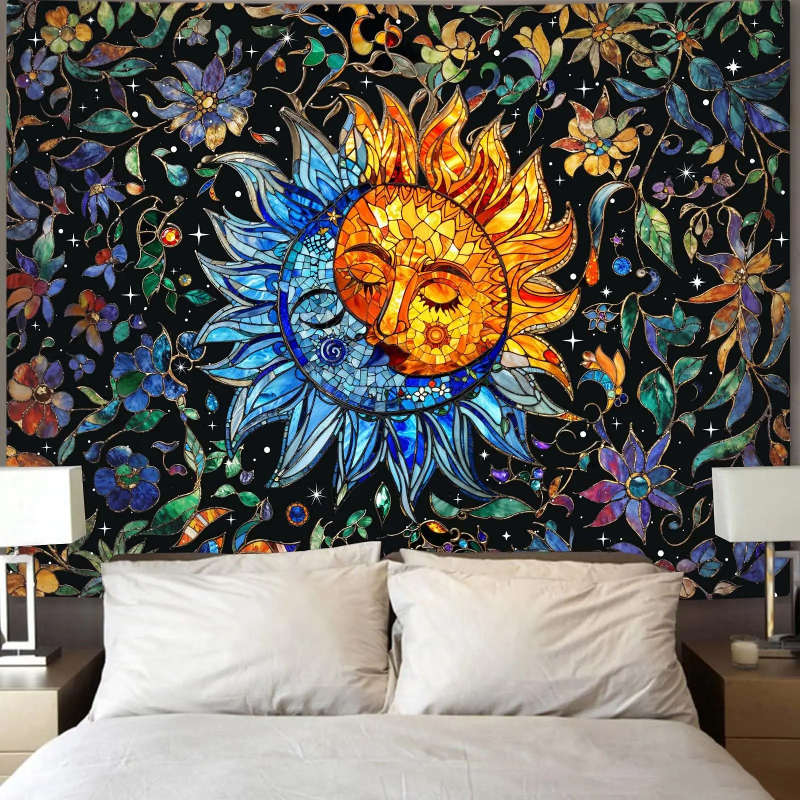 1PC Boho Sun Moon Floral Orange Blue Print Tapestry, Boho Style, Bedroom Living Room Kitchen Wall Hanging, Polyester, Wall Art