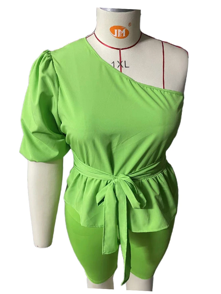 Summer Plus Size Women Clothing Two Piece Set Ruffled One Shoulder Top and Shorts Sets Ladies Outfit Wholesale Bulk Dropshipping