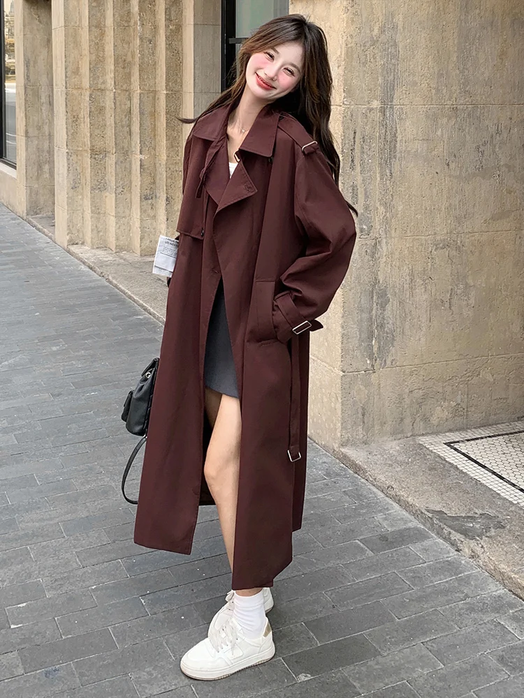 BZVW Wine Red French Style Trench Womne\'s 2024 Autumn New Lapel Solid Color Belt Gathered Waist Long Casual Coats 25A9268