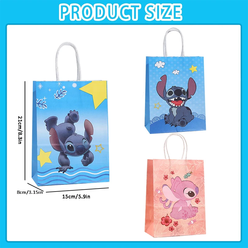 12pcs Blue Pink Stitch Kraft Bags with Handle Disney's Lilo & Stitch Themed Gift Bags Baby Shower Kids Bithday Party Favors Bags