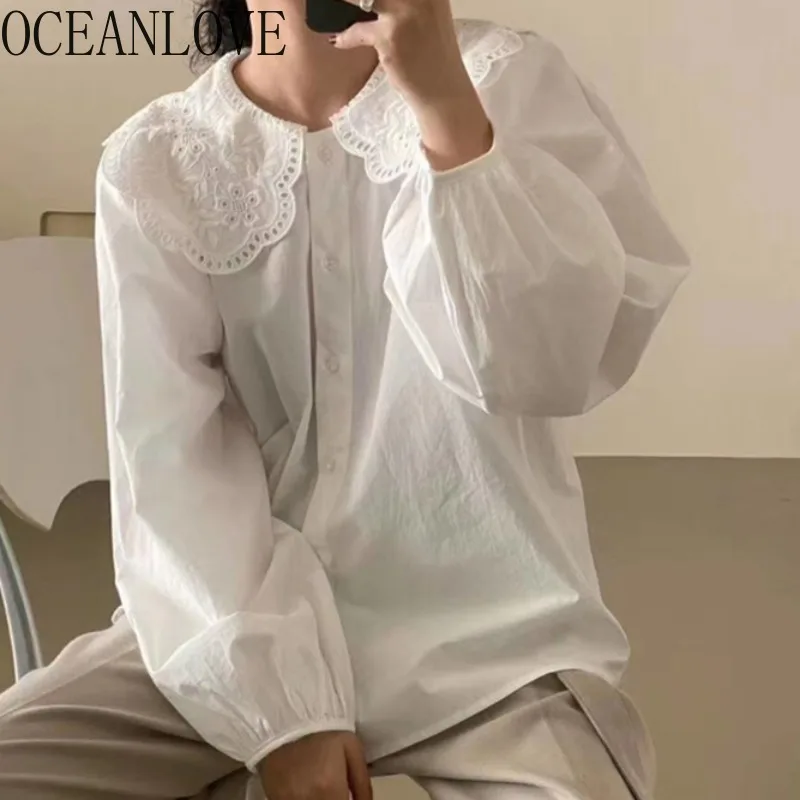 OCEANLOVE Peter Pan Collar Women Shirts&blouses Solid Spring Autumn Korean Fashion Chic Blusas Mujer Simple Loose Camisas