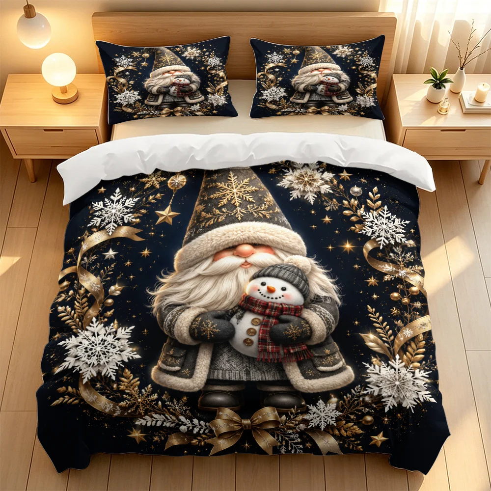 3-Piece Christmas Gnome Snowman 2D Flat Design Duvet Cover Bedding Set, Trendy Soft and Breathable Bedding (1 Duvet Cover and 2 Pillowcases), Suitable for All Seasons Home Bedroom Decoration