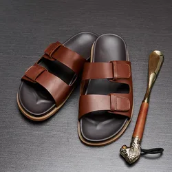Mature Men's Real Leather Slippers Businessman Summer Outwear Slides Casual Beach Anti slip Breathable Beach Shoes