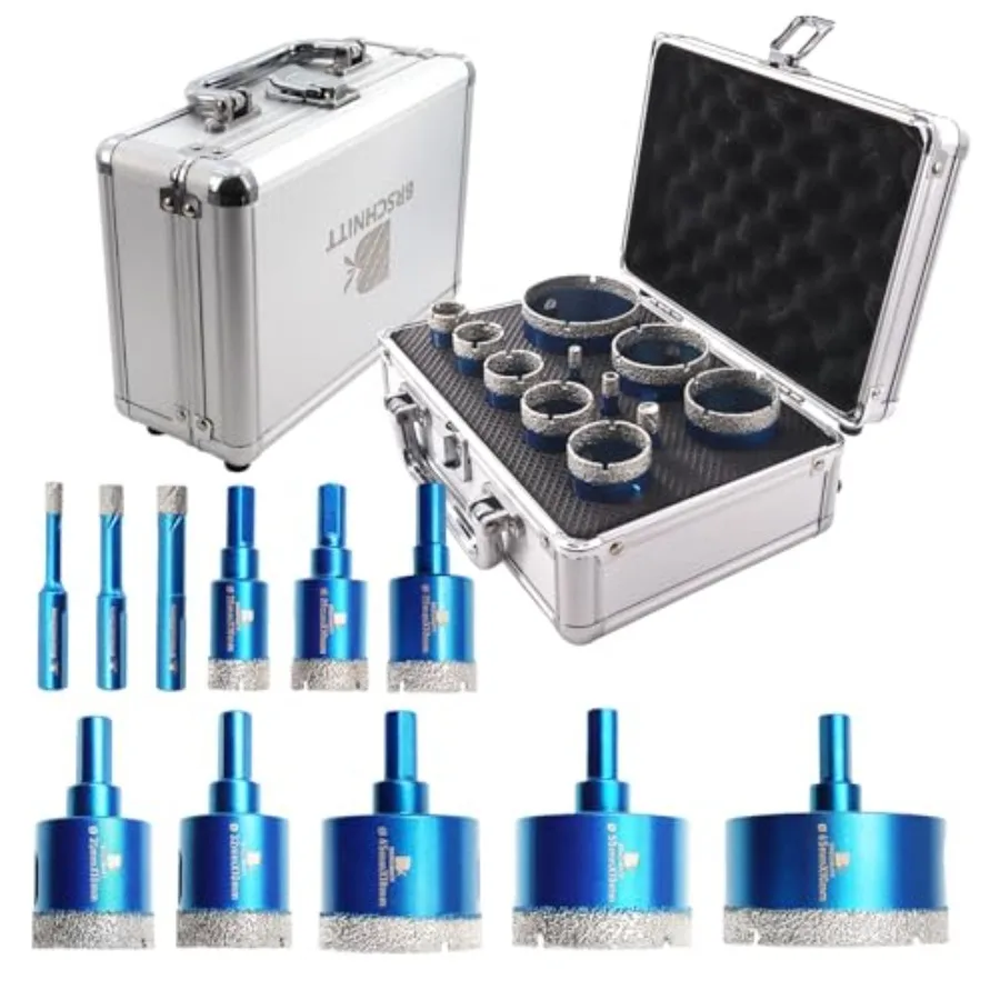 

Diamond Core Drill Bit Set - Hole Saw Kit for Porcelain Tile Ceramic Marble Granite Drilling 11pcs Bits with Triangle Shank 6/8