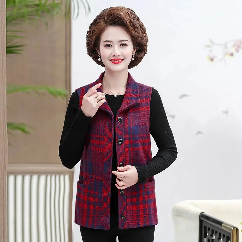 Autumn Women Large Size 5XL Lattice Sleeveless Jacket Middle Aged Mother Flip Collar Vest Outwear 2024 Mom's New Waistcoat Coat