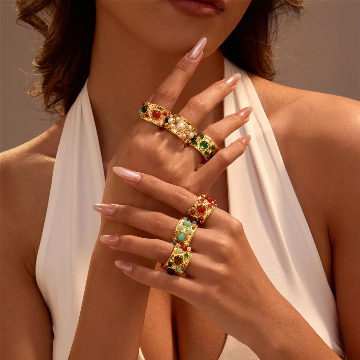 NISHIZAWA نمط المحكمة الفرنسية متعددة الأحجار الكريمة حلقة مفتوحة الرجعية القرون الوسطى المتخصصة تصميم الفولاذ المقاوم للصدأ الدائري #1