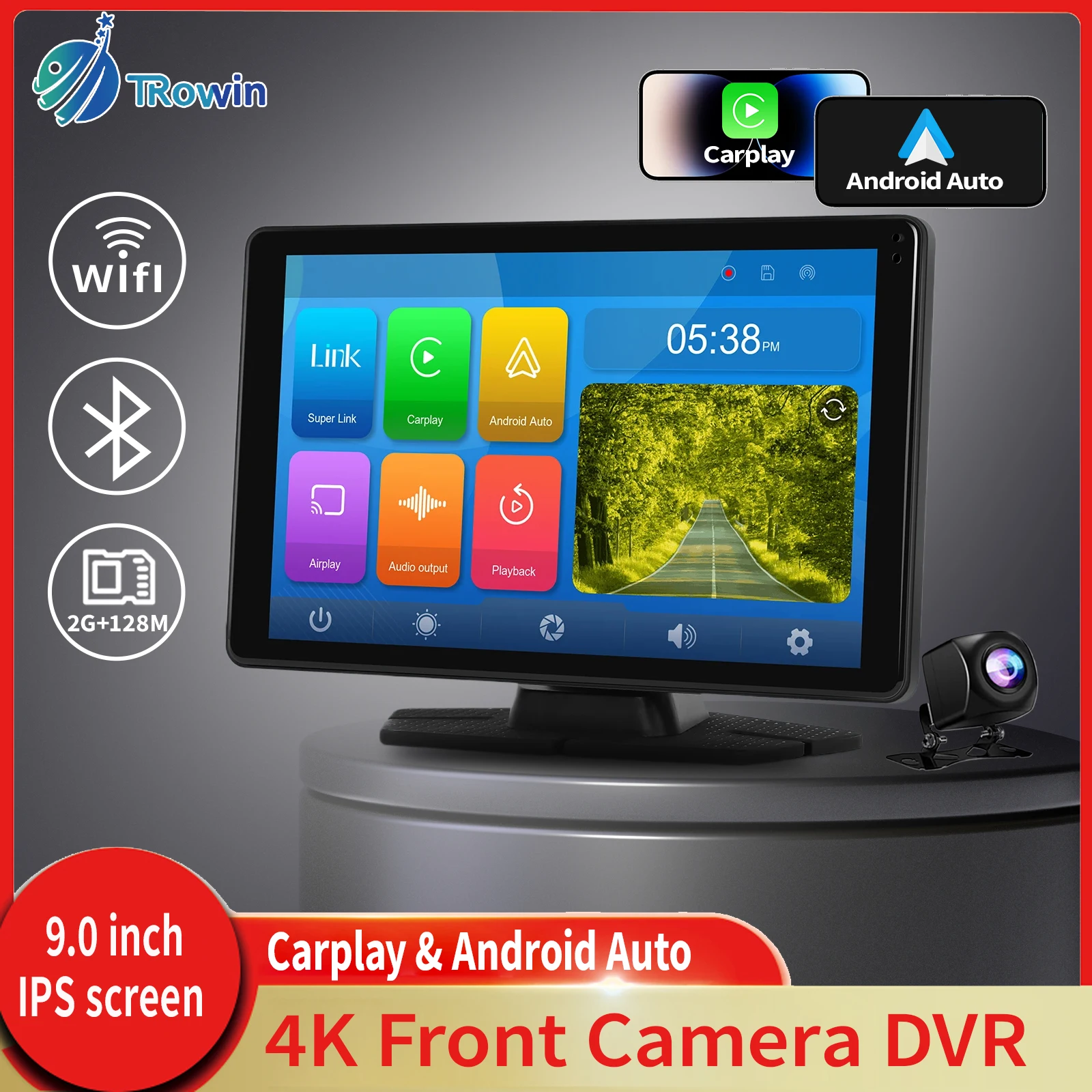 

9inch Car DVR 4K Dash Cam Monitor Wireless CarPlay Android Auto Car Driving Recorder Bluetooth FM AUX Support Rear Camera