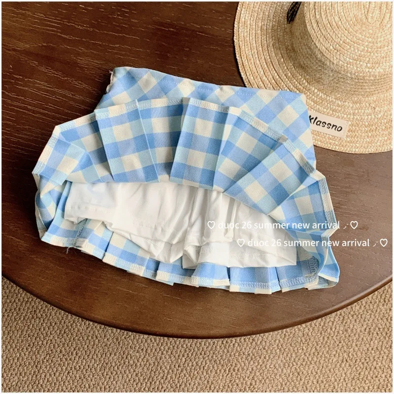 Summer New Children Pleated Skirt Pants for Girls High Waist Slimming Anti Glare A-line Short Skirt College Style