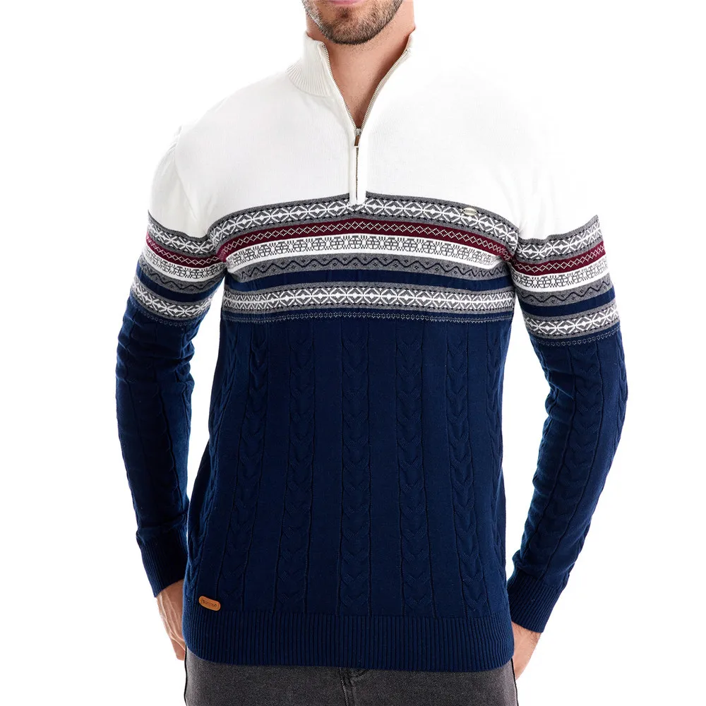 

Men Long Sleeved Half Zipper Knit Sweater Turtleneck Striped Pullovers Jumpers Casual Spliced Business Sweaters Autumn Tops