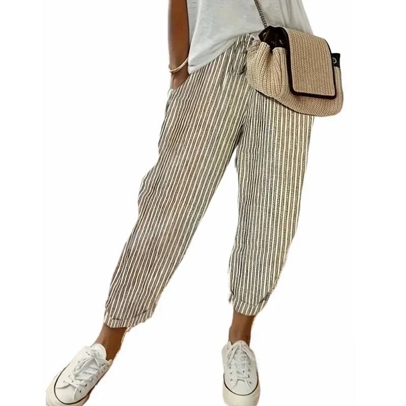 Calças com estampa listra, tamanho grande, confortável, cintura com cordão, elástico, casual, moda feminina, 1XL, 5XL