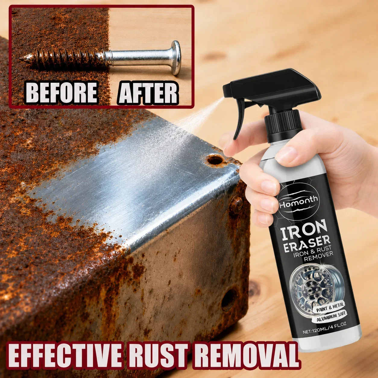 Multi‑Purpose Rust Cleaner Spray, Remove Rust & Iron Powder Stains, Fit for Wheel Rim Tire and Vehicle Metal Surfaces
