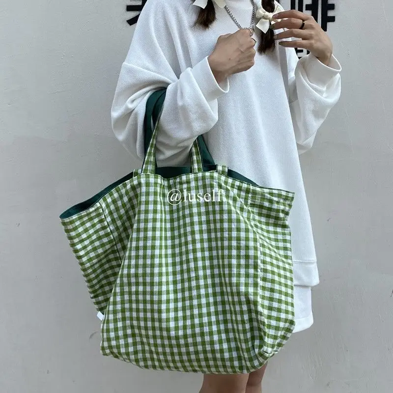 Women Plaid Shopping Bags Double-side Shoulder Large Capacity Tote Preppy Style Student All-match Canvas Bag Mori-girl Portable