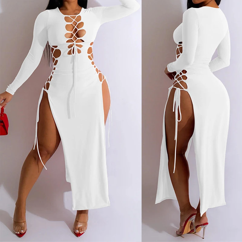 Sexy Vrouwelijke Effen Kleur Hoge Split Criss-Cross Veteraan Maxi Jurk Laag Uitgesneden V-Hals Lange Mouw Mode Nieuwe Onregelmatige Slanke Clubkleding