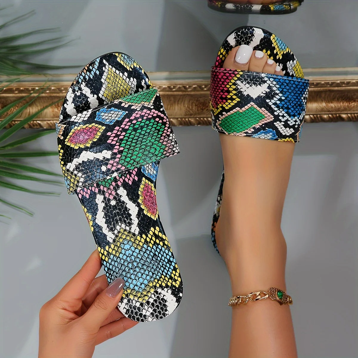 

Women's Colorful Snakeskin Print Flat Slide Sandals, Square Toe Open Toe Slip On Slides, Casual Non-Slip Outdoor Beach Shoes For
