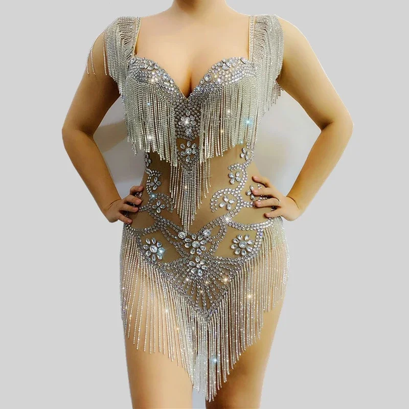 Vestido blanco con flecos de cristal brillante para mujer, vestido de noche con hombros descubiertos, traje de fiesta de cumpleaños, ropa de escenario Sexy para bailarina