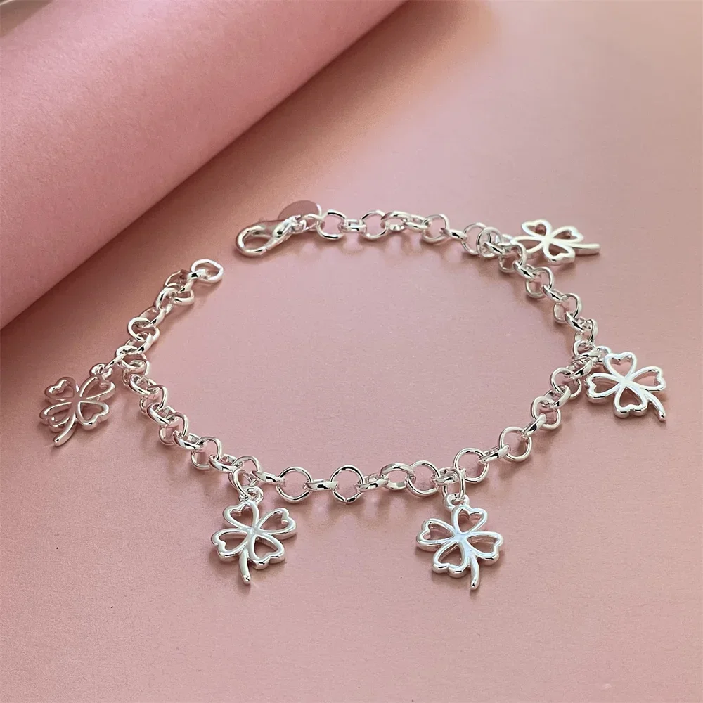 925 Sterling Silver Bracelet Four Leaf Clover Charm Exquisite Women Fashion Wedding Party Gift Jewelry