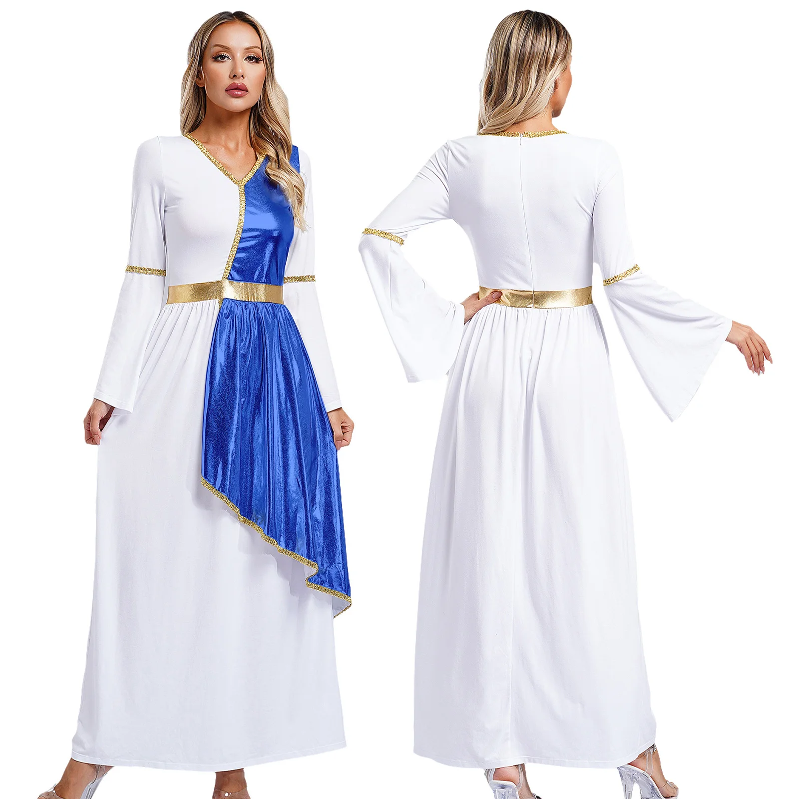 

Women Roman Greek Beauty Toga Dress V Neck Flare Sleeve Metallic Shiny Overlay Gold Trim Dress Robe Halloween Cosplay Costume