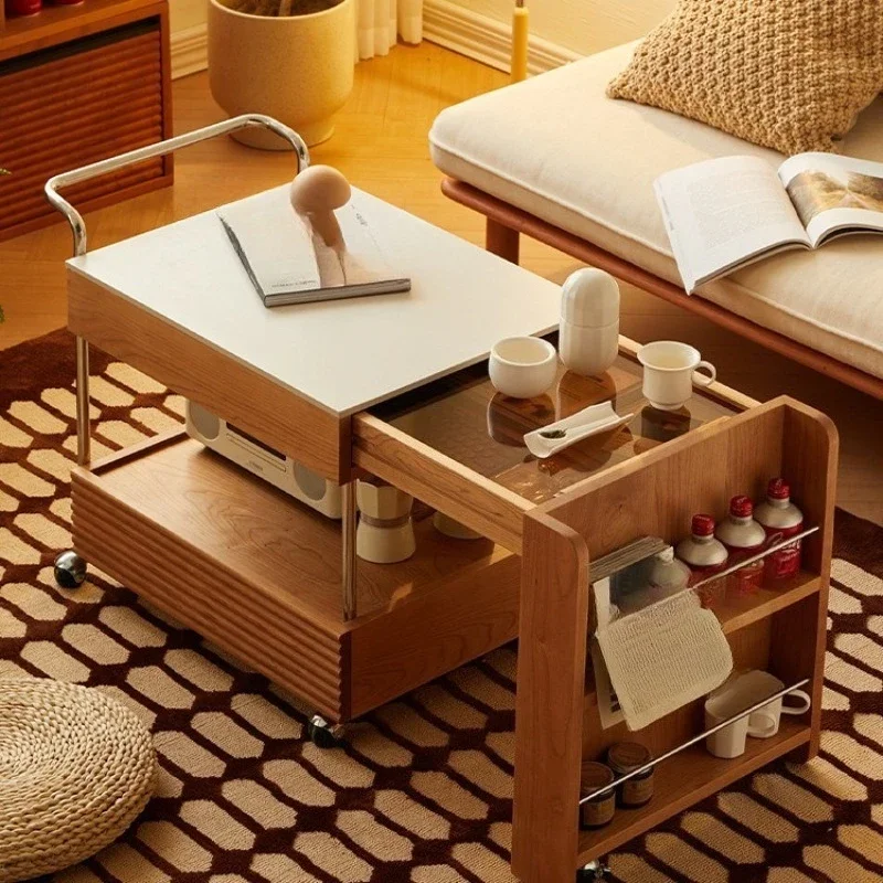 

coffee table solid wood table, mobile tea cabinet for making tea in the surrounding stove, cherry wood rock slab tea table edge