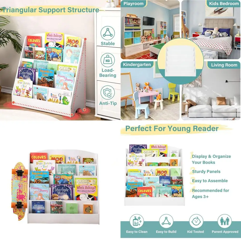 TOETOL 5-Tier Kids Bookshelf - Toddler Book Display Shelves for Classrooms, Playrooms, and Nursery - Wooden Children Book Rack (