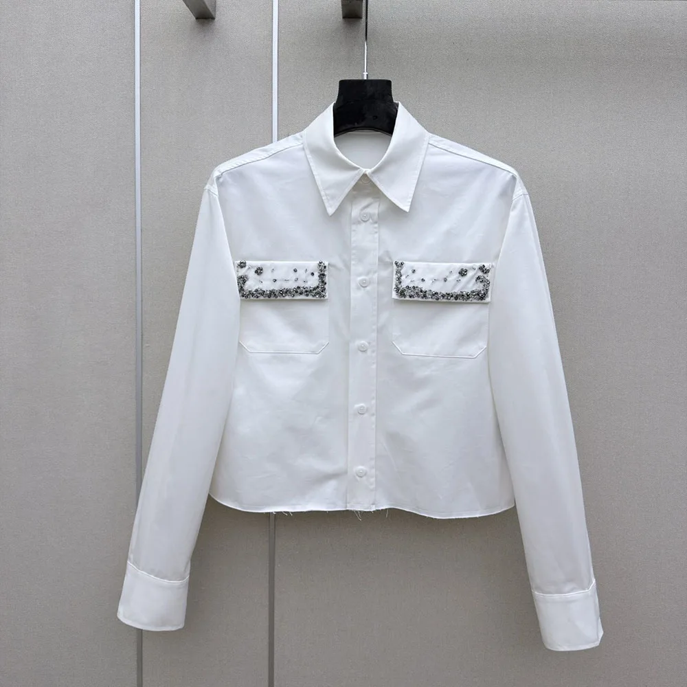 

High-quality 2026 new women's long-sleeved casual shirt, with shiny diamonds decorating the pockets, very fashionable xy2642371