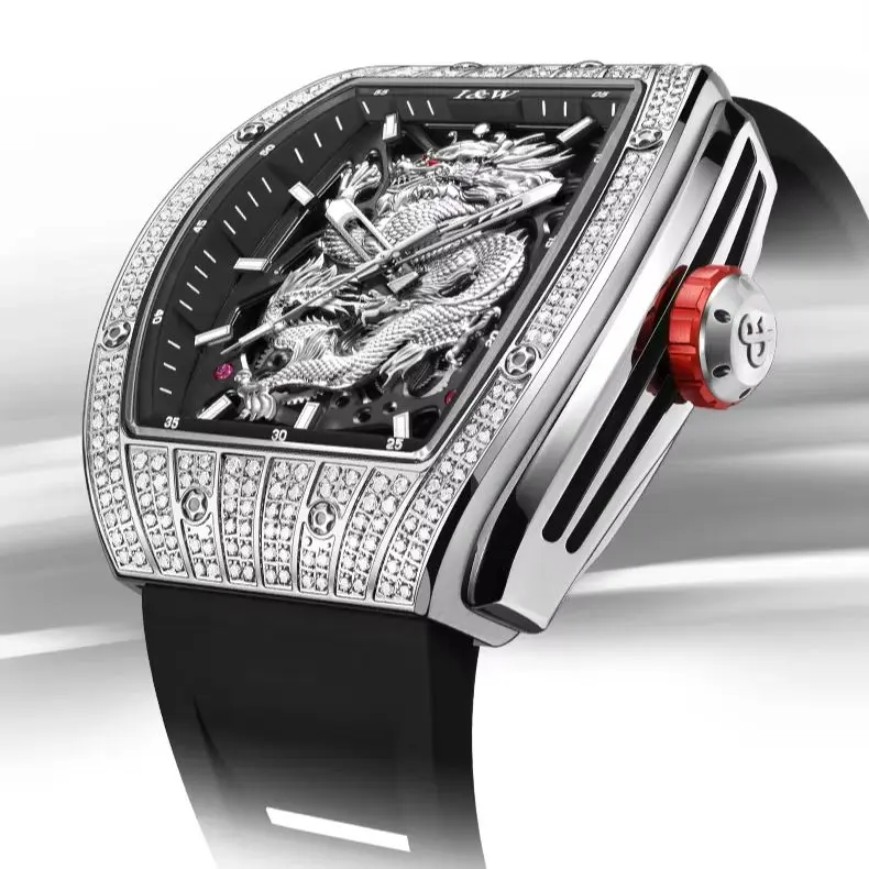 

I&W Мужские автоматические часы Tonneau 47 мм Механические наручные часы Светящиеся 5ATM Водонепроницаемые цирконовые безели Скелет Дракона Циферблат