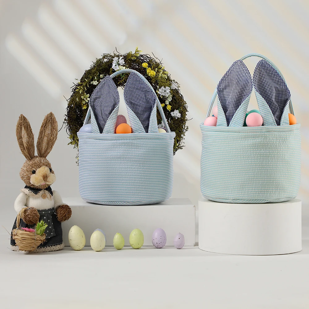 Seersucker Easter Bucket Plaid Bunny Ears Basket Babies Kids Boys Girls Egg Hunt Carrying Gift Bag Toys Party Decoration Handbag