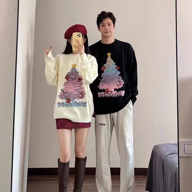 

Зимний модный вязаный свитер для пары, осенне-зимний стиль, новогодний повседневный мужской пуловер с круглым вырезом в тон рождественской елки