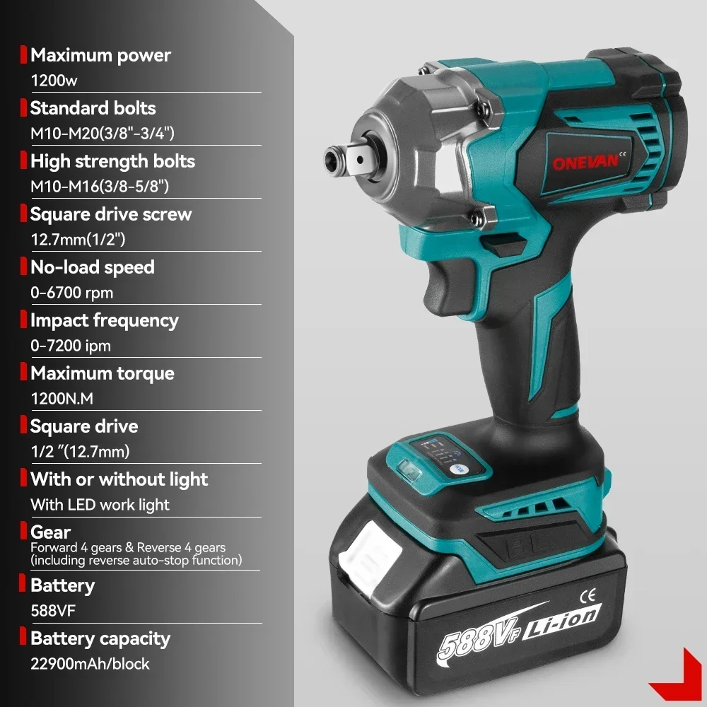 ONEVAN 1200N.M Torque Brushless Electric Impact Wrench 1/2 inch Cordless Wrench Screwdriver Power Tools for Makita 18V Battery