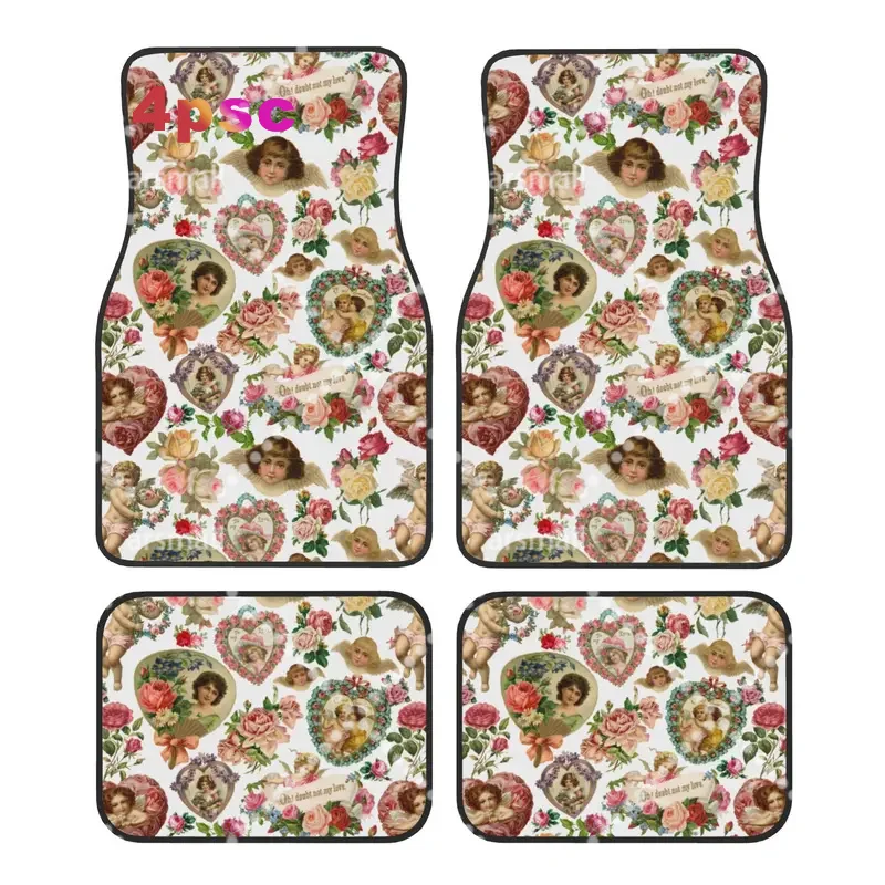 4PCS Crystal Velvet Car Floor Mats Victorian Angel Baroque Valentine Pattern Car Universal Auto Front And Rear Foot Mats