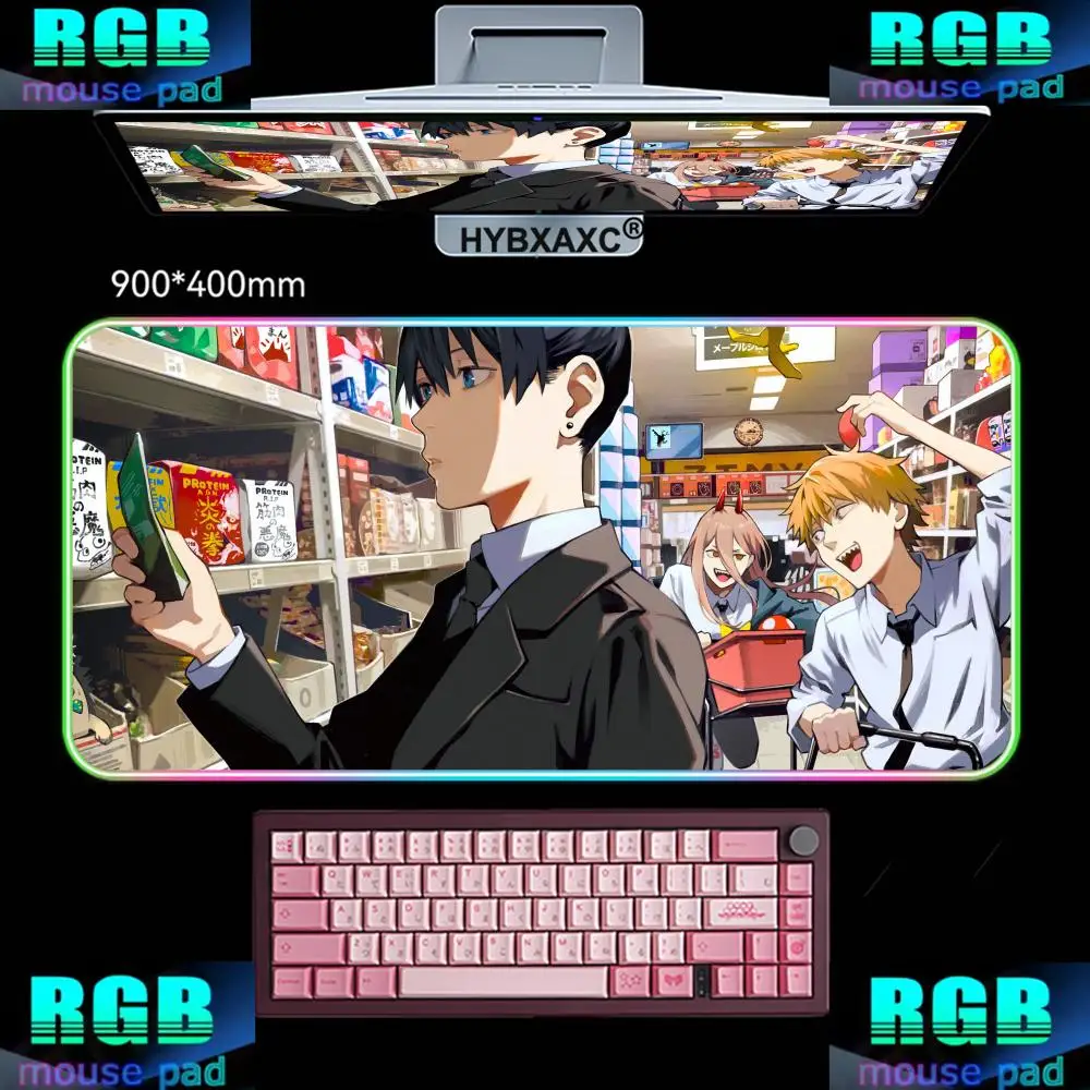 HYBXAXC Gamer Denji Mouse Pad RGB Gaming Mouse Pad Mat HD Gamer Large LED Light XXL Japan Anime C-chainsaw Man RGB Mouse Mat