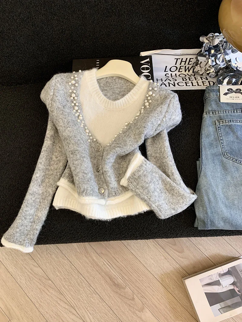 emperamento, capas, usando tops falsos de dos piezas, moda femenina, estilo occidental, suéter de punto, perezoso, diseño de alta gama, nicho