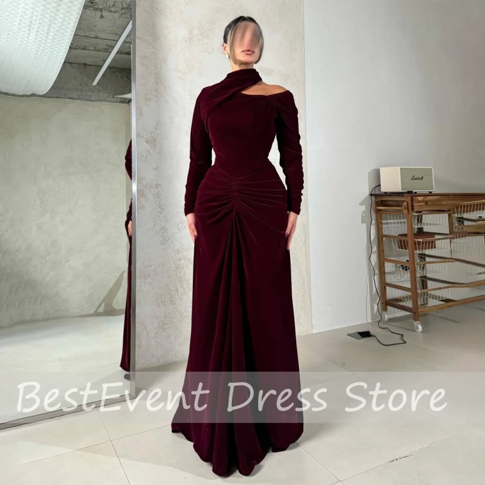 

Custom Made Modern Long Sleeve Pleated Burgundy Evening Dress Sheath Sexy Floor Length Prom Bridal Dress Party Gown