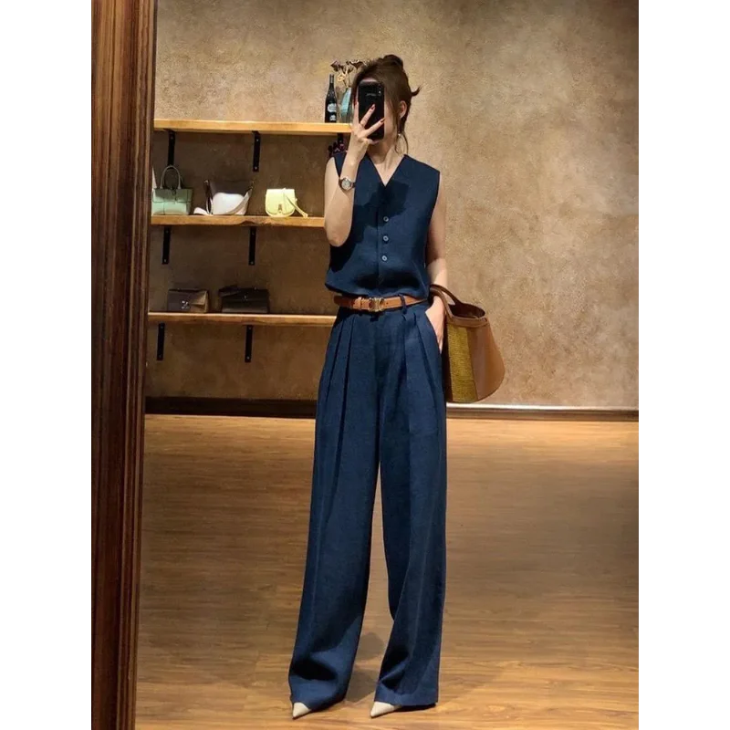 

Women's Linen Vest & Wide Leg Pants 2 Piece Set Summer Commute Casual Suit