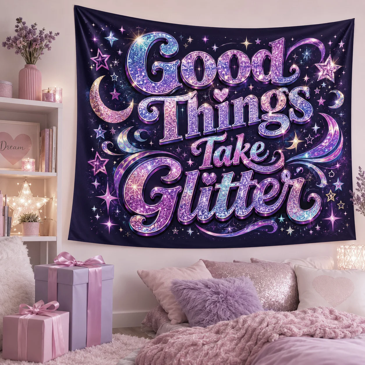 Good Things Take Glitter Wall Tapestry, Purple Y2K Funny Quote Decor for College Dorm Bedroom Birthday Gift Party Backdrop