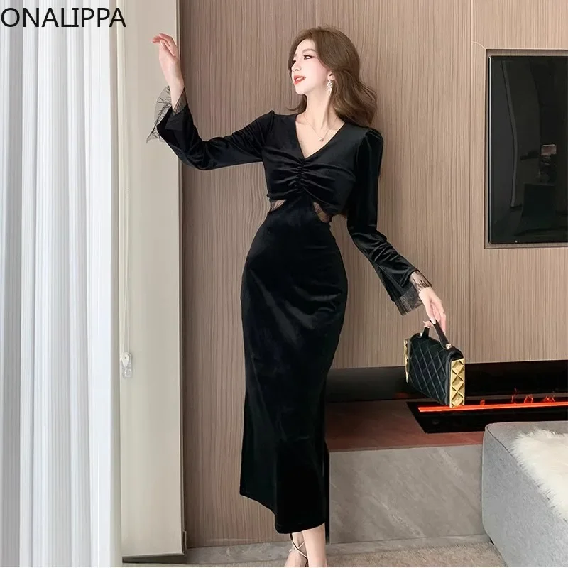 Onalippa Lace Hook Flower Velvet Sexy Dress for Women V Neck Celebrity Style Flare Long Sleeve Dresses Solid High Waist Vestidos