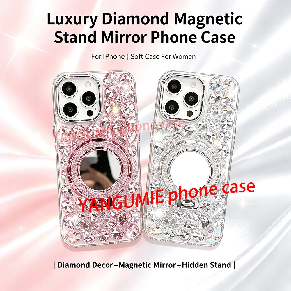 Luxury Diamond Magnetic Case with Stand Mirror for iPhone 16 Pro Max, iPhone 15 Soft Case, iPhone 14 for Women