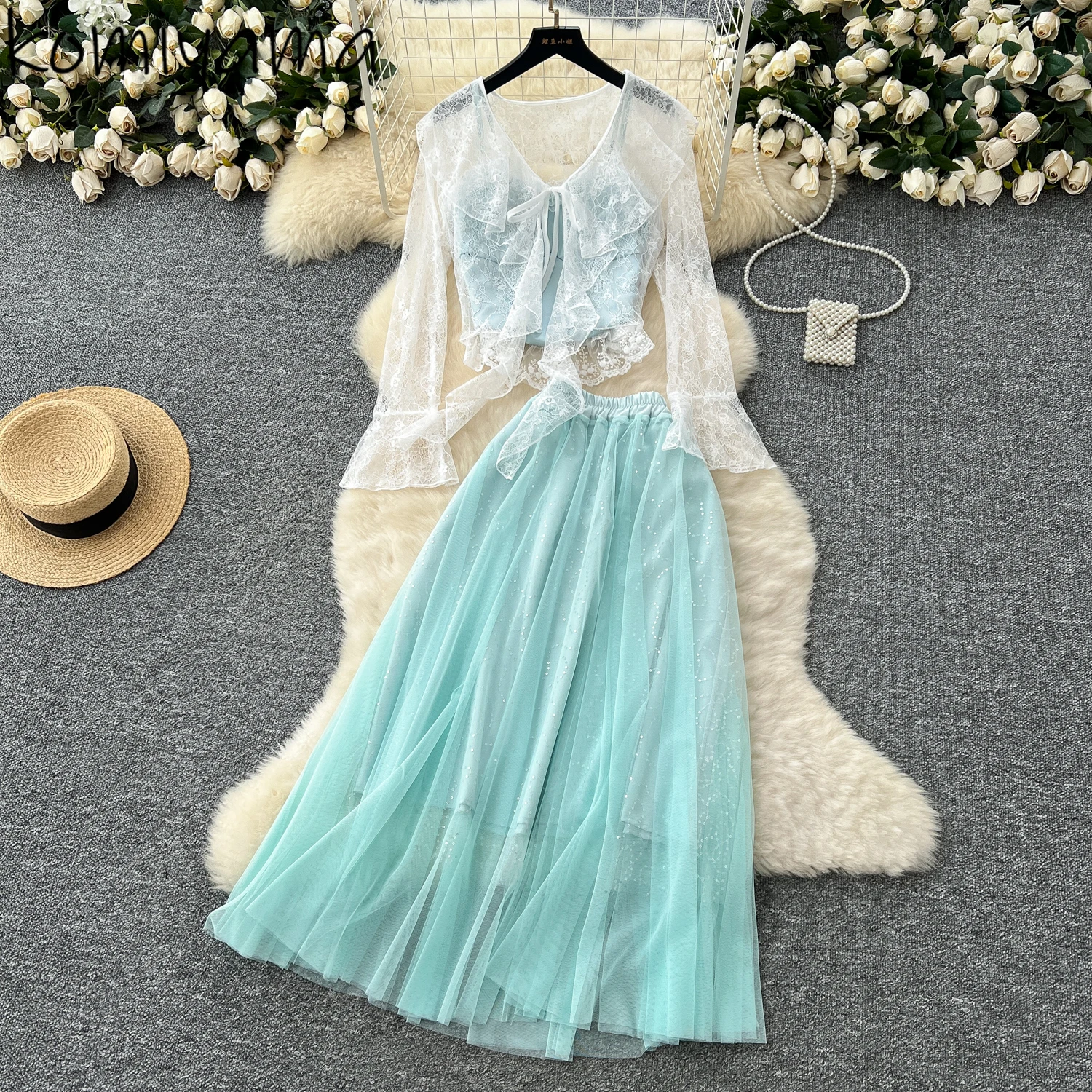 

Woman 2025 New Fairy Sets V-neck Lace Bandage Bow Long Sleeve Shawl Jacket Camis High Waist Mesh Skirts Spring Summer Suit